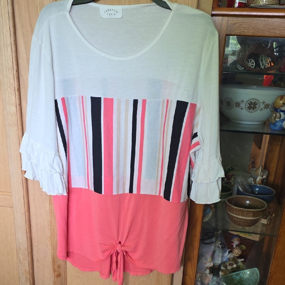 Janette Plus Green Cuffed Sleeve Tie Front Blouse